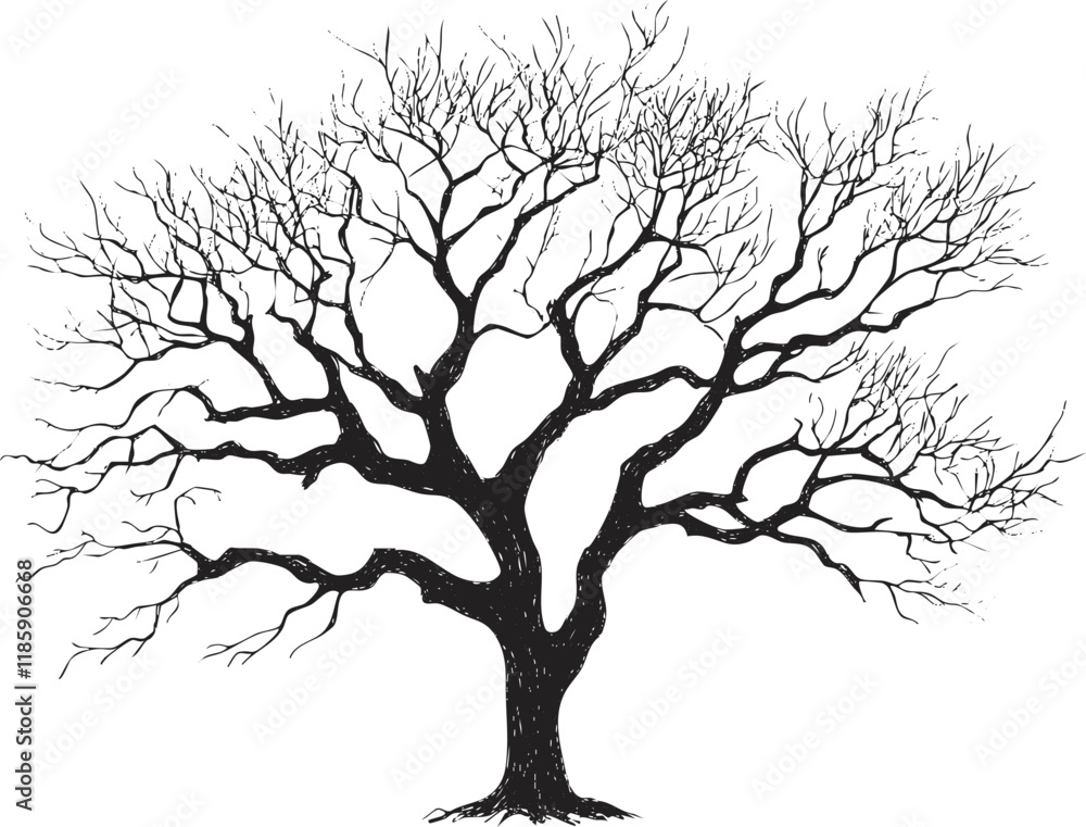 Fototapeta premium Silhouette of a leafless tree with intricate branching pattern.