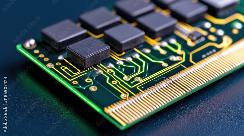 Close up of Green Circuit Board with Integrated Chips Electronic Components Technology Hardware Close up of Green Circuit Board with Integrated Chips Electronic Components Technology Hardware