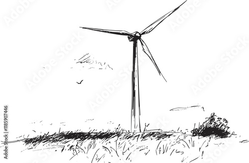 Black and white sketch of a wind turbine in a rural landscape.