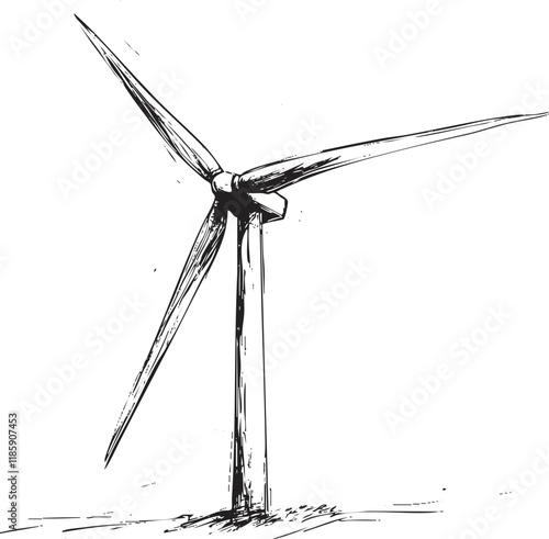 Black and white sketch of a wind turbine generating renewable energy.