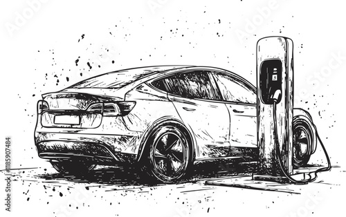 Illustration of an electric car charging at a station, showcasing modern transportation.