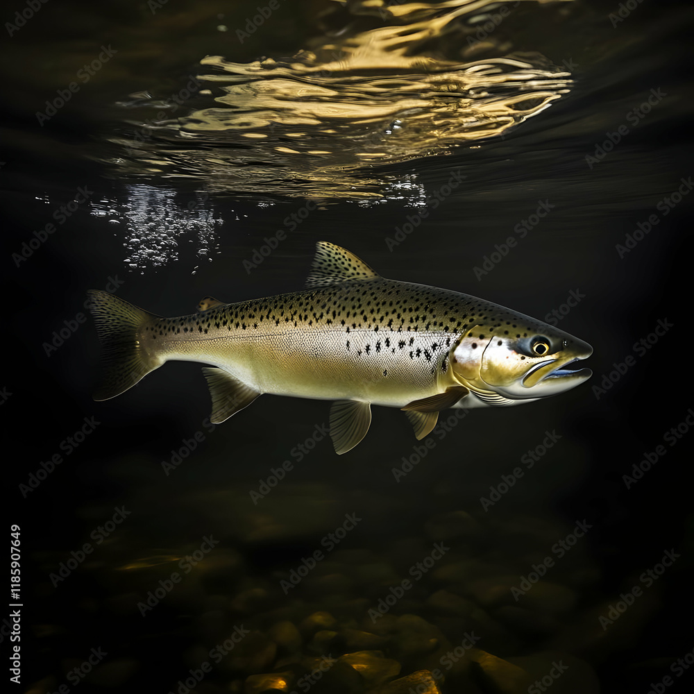 Naklejka premium Brown Trout Swims in Dark Water with Air Bubbles Gracefully