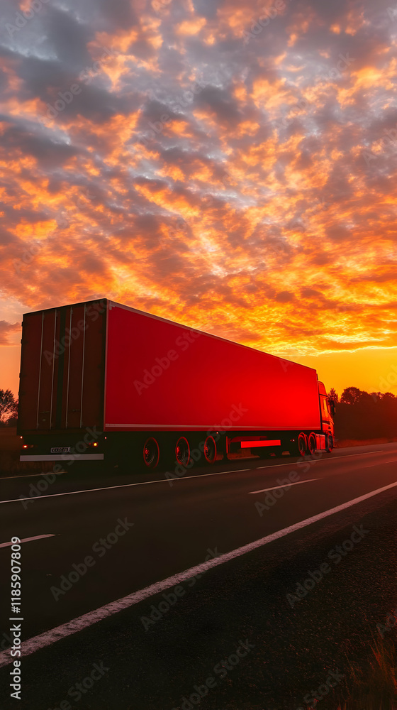 Red Truck Drives on Highway at Sunset with Dramatic Clouds Red Truck Drives on Highway at Sunset with Dramatic Clouds