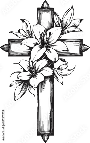 Illustration of a floral cross with lilies, symbolizing faith and spirituality.