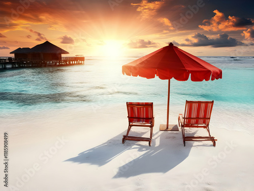 Beach Chairs and Umbrella Greet Sunset on Tropical Island Paradise Tranquilly photo