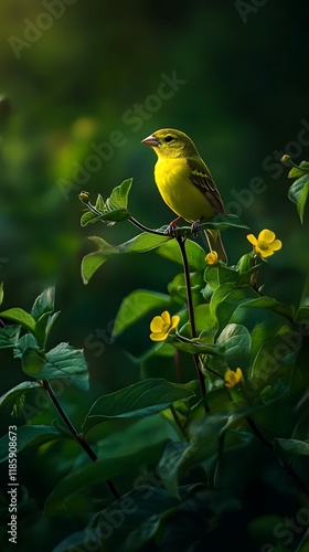 Golden Bird Perched Gracefully on Flowering Plant photo