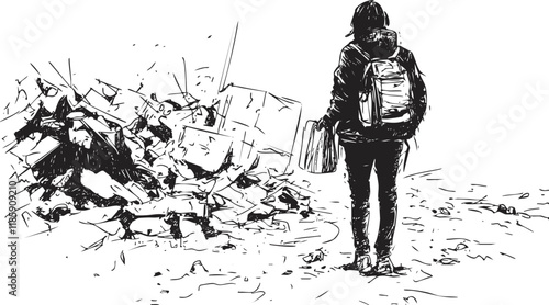 Illustration of a person with a backpack standing before rubble.