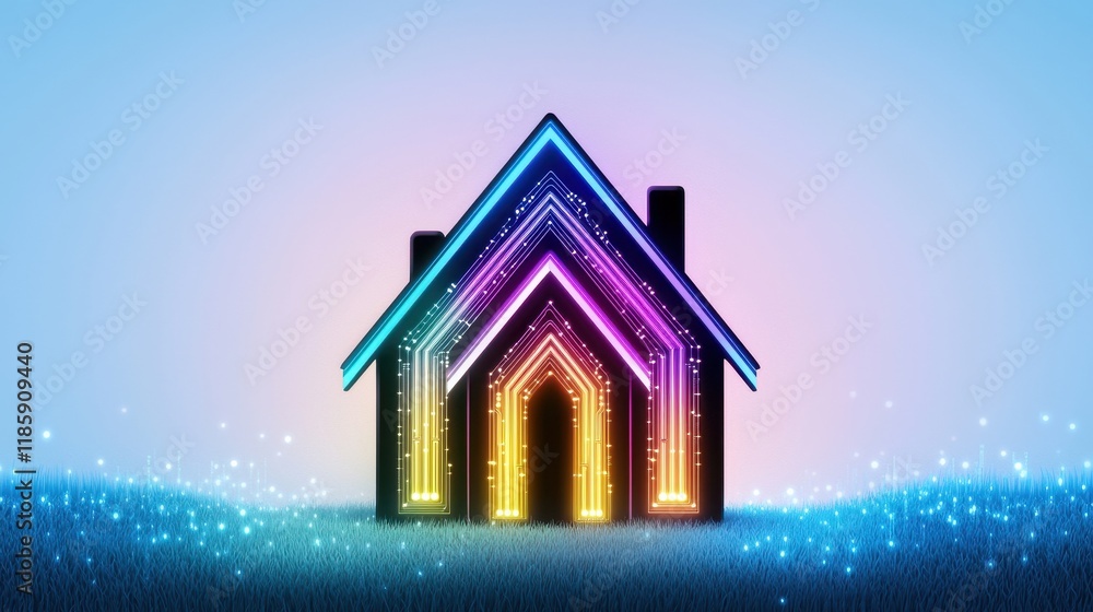 Naklejka premium Smart Home Concept Illuminated House Icon in Grass Futuristic Technology