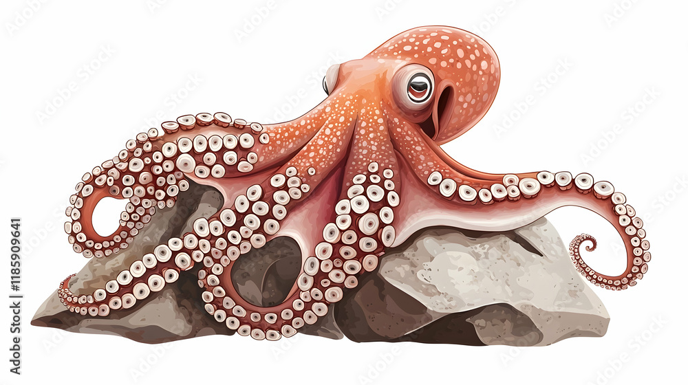 Fototapeta premium Cartoon octopus resting on rock, ocean background, children's book illustration