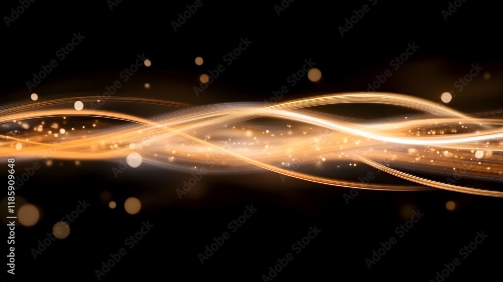 Fototapeta premium Golden Light Waves Abstract Background Energy Flow Sparkle Bokeh