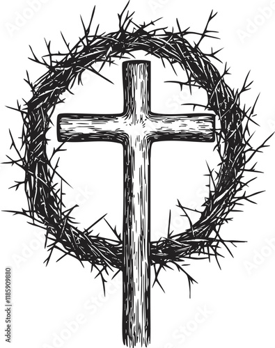 Illustration of a wooden cross with a crown of thorns wreath.