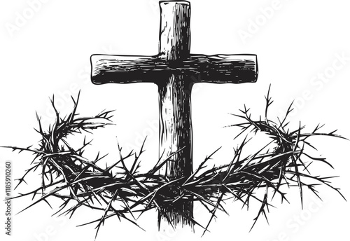 Wooden cross with crown of thorns, symbolizing Christian faith and sacrifice.