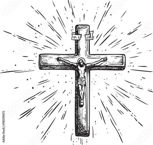 Illustration of a crucifix with radiating lines symbolizing faith and spirituality.