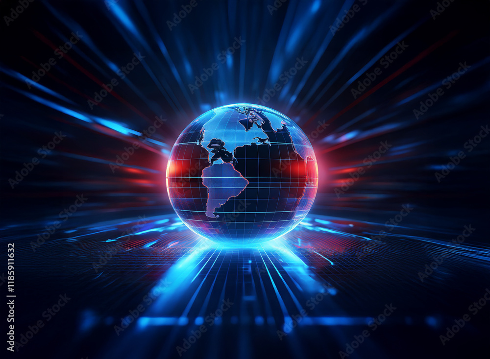 Obraz premium A glowing digital Earth, radiating energy, symbolizes global connectivity and technological advancement. Red and blue light streaks emanate outwards, suggesting rapid data transmission.