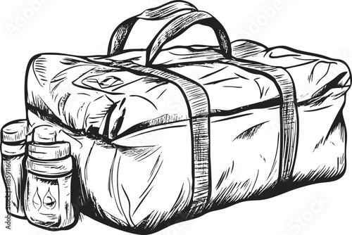Hand-drawn sketch of a duffel bag with water bottles.