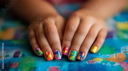 Child's hands with multicolored nails for back to school