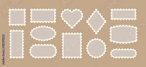 Postage Stamp Vector Frames Set. Postal Shapes Border. Vintage Rectangle,Oval, Circle, Heart , Rhomb Postmark Blank Template For Letter, Post Card, Web Design.