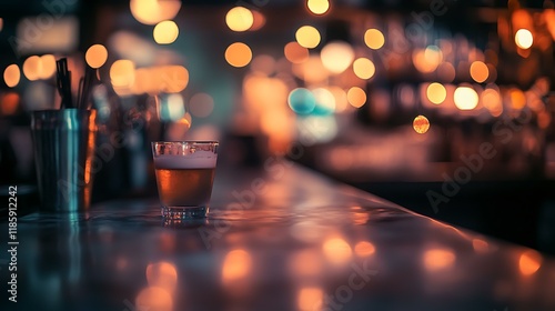 A retro-inspired shot of an empty bar counter with warm lights, a blurred focus, and muted pastel tones, emphasizing a nostalgic, melancholic feel photo