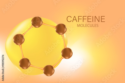 Aesthetic chocolate brown 3D molecule, nude beige background, caffeine extract serum formula. Beauty treatment nutrition skincare science wallpaper with copy space. Caffeine molecule structure icon.