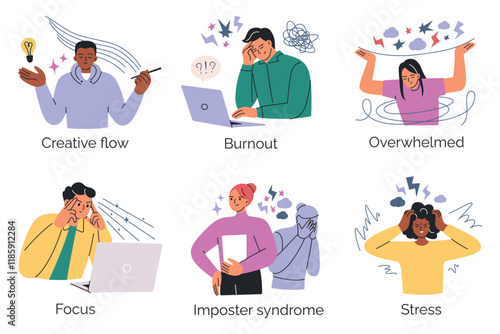 Set of vector illustrations in flat style, various emotional and mental states, creative flow, burnout, feeling overwhelmed, focus, imposter syndrome, stress. Cartoon characters with symbolic elements