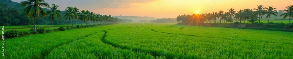 Lush green rice paddies with palm trees in the foreground at dawn, peaceful, palm trees, landscape Lush green rice paddies with palm trees in the foreground at dawn, peaceful, palm trees, landscape