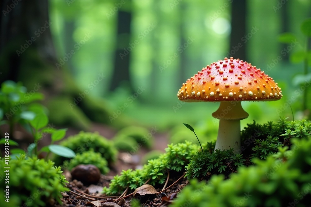Lush green forest floor with a large mushroom, forest floor, wild, mushrooms Lush green forest floor with a large mushroom, forest floor, wild, mushrooms