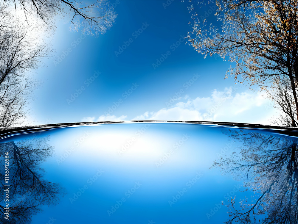 Blue Sky Reflects in Water with Trees, Nature's Serenity Perfectly Mirrored Blue Sky Reflects in Water with Trees, Nature's Serenity Perfectly Mirrored
