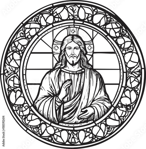 Black and white illustration of a stained glass window featuring Jesus.