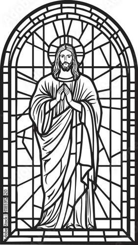 Black and white illustration of Jesus in a stained glass window.