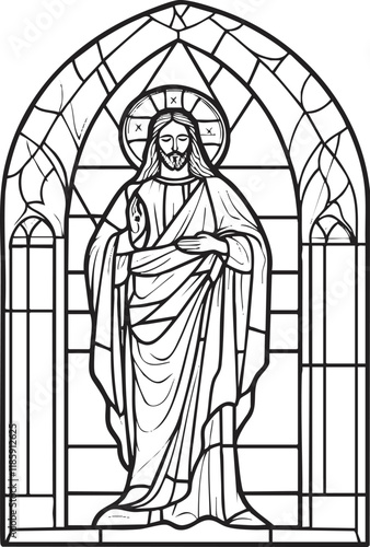 Illustration of a stained glass window depicting Jesus in a church setting.