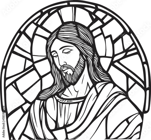 Line art illustration of Jesus in stained glass style.