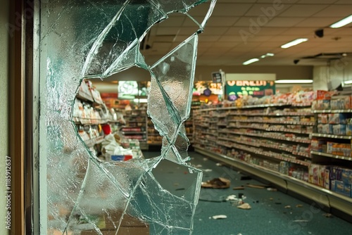 broken window of a supermarket , robbery, crime, theft , thief