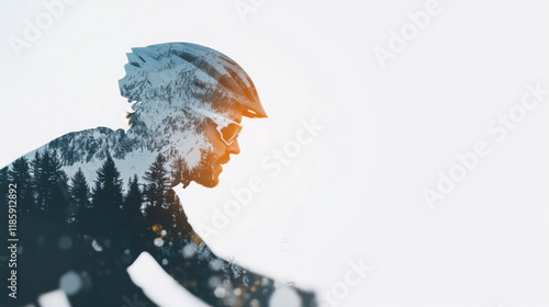 Cyclist adjusting gears in mountain landscape, showcasing adventure and determination. double exposure effect highlights connection between cycling and nature