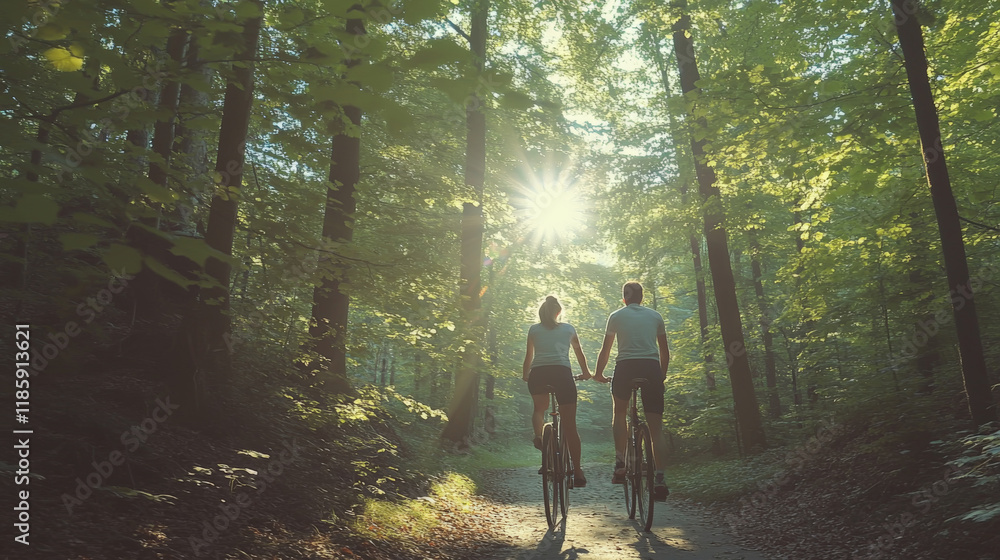 Fototapeta premium Couple Cycling Through Forest Path With Sunlight Streaming