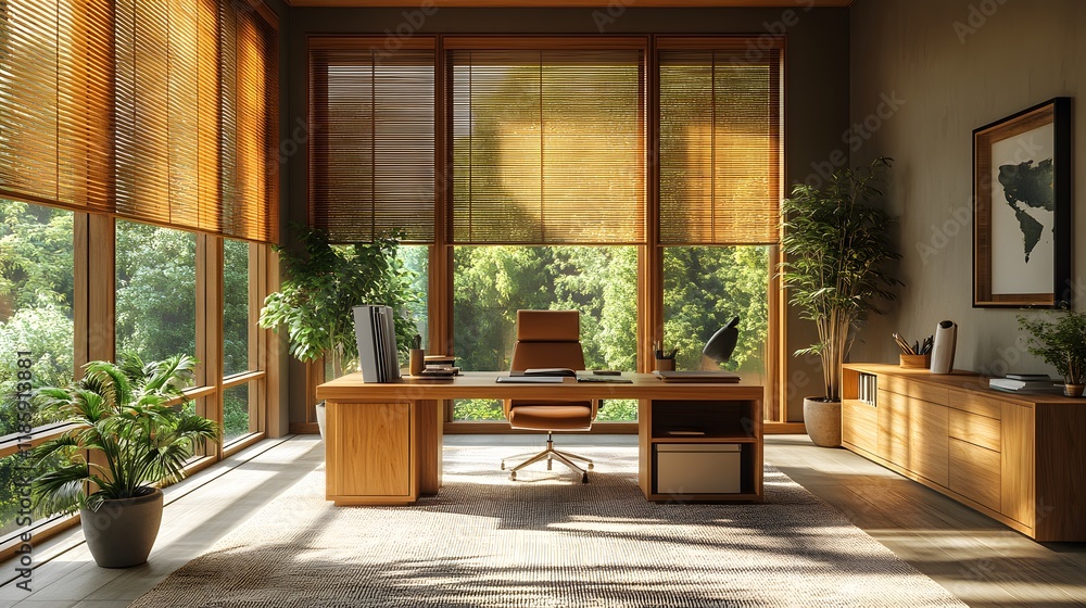 3D-rendered office featuring wooden furniture and sunlight through blinds 3D-rendered office featuring wooden furniture and sunlight through blinds