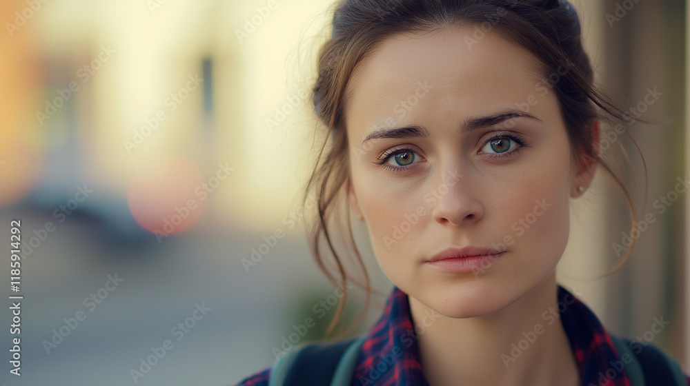 Fototapeta premium Young woman with intense gaze in casual attire. Ideal for authentic portraiture, emotional storytelling, and natural beauty
