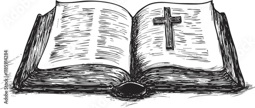 Hand-drawn illustration of an open Bible with a cross symbol.