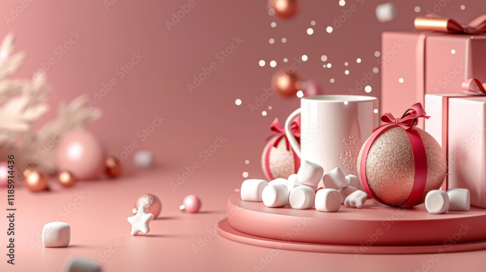 Fototapeta premium Pink holiday scene with marshmallows and ornaments
