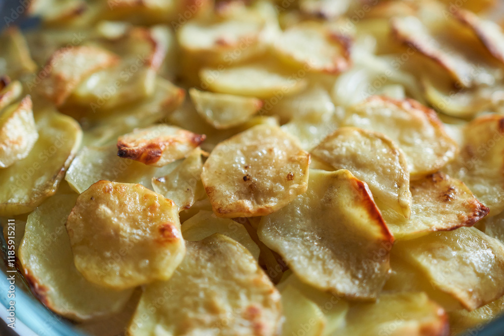 Fried potatoes in a baking dish. Selective focus. Fried potatoes in a baking dish. Selective focus.