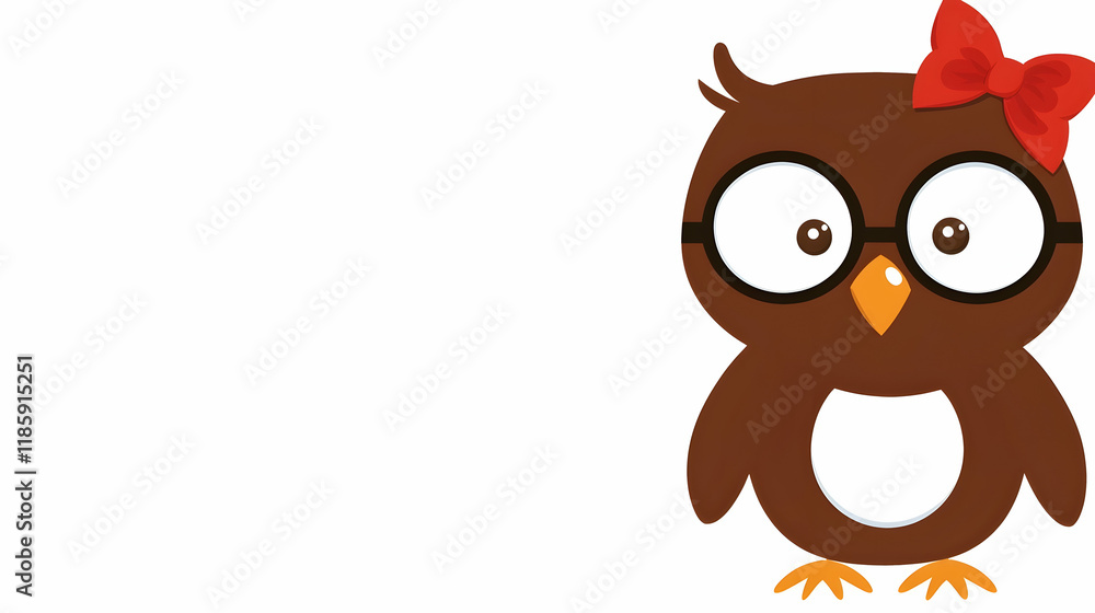 Fototapeta premium Cute Owl Girl Glasses Bow White Background Illustration, Perfect for Children's Book