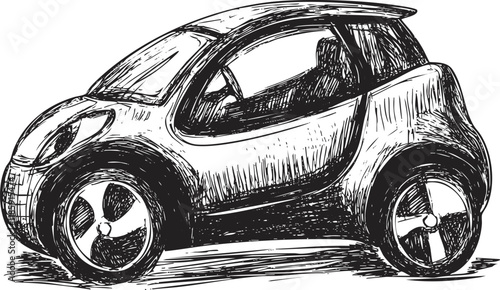 Hand-drawn sketch of a compact modern car in black and white.