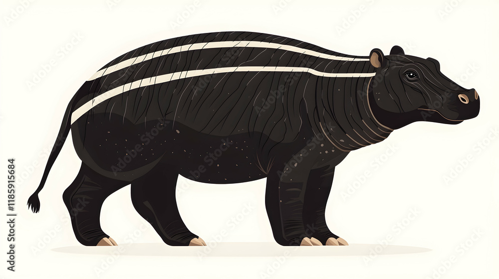 Fototapeta premium Striped pygmy hippopotamus profile, African savanna background, wildlife illustration, educational use