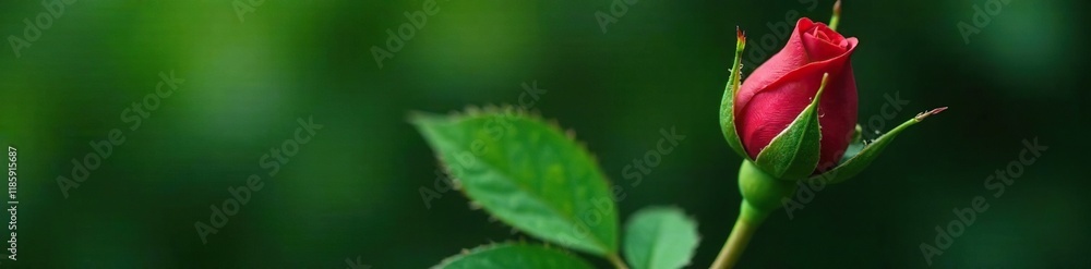 Rose bud unfolding on a leafy stem with water droplets, green leaves, nature, plant Rose bud unfolding on a leafy stem with water droplets, green leaves, nature, plant