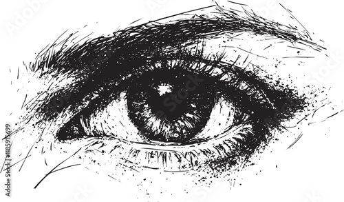 Detailed black and white sketch of a human eye with expressive detail.