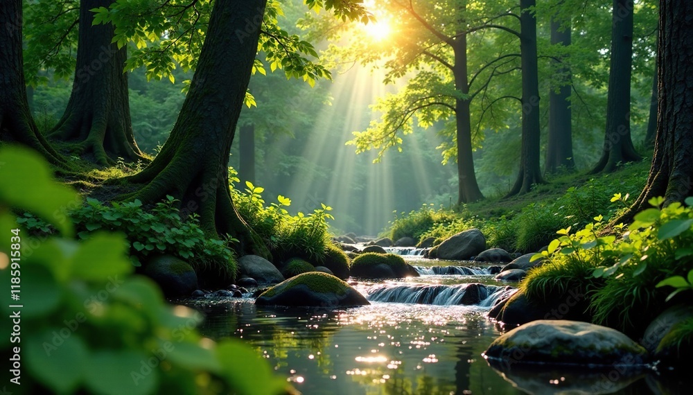Obraz premium Serene forest ambiance with gentle stream flow, stream, calm, HDR