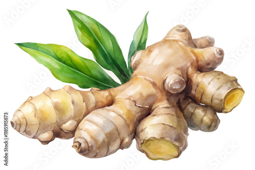 Fresh ginger root, vibrant green leaves, watercolor style, natural ingredients, culinary use, herbal medicine.