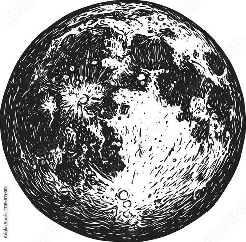 Detailed black and white illustration of the moon with visible craters.