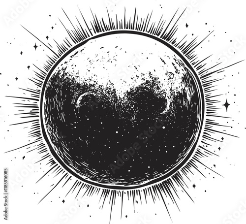 Black and white illustration of a moon with surrounding stars.