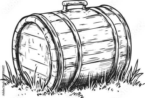 Hand-drawn illustration of a wooden barrel on grass.
