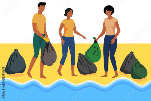 People clean up on the ocean shore. Garbage bags on the beach. Take care of nature. Vector illustration